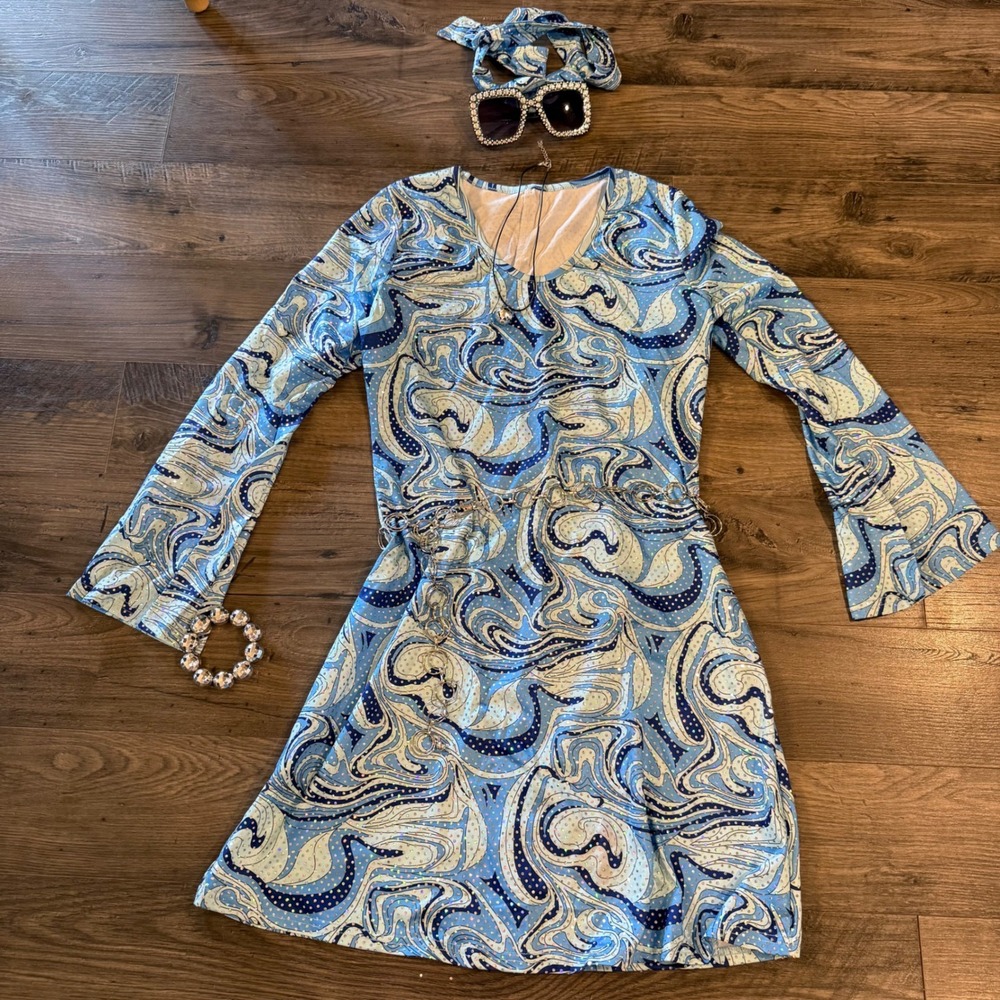 Blue Swirl Disco Costume Set with Bell Sleeve Dress and Accessories 70s Theme